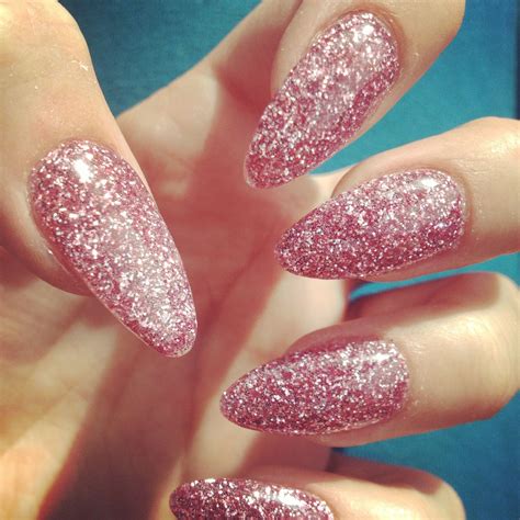 pink glitter almond nails